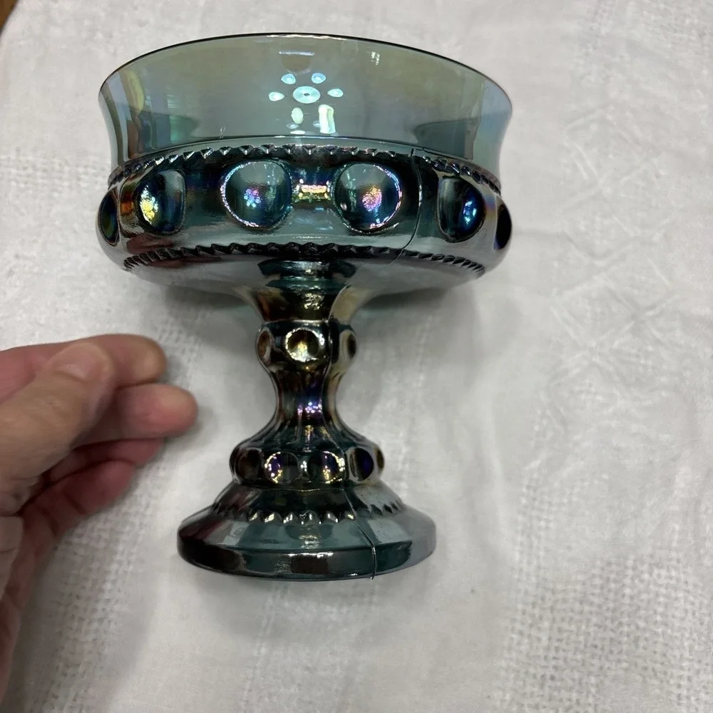 Vintage Indiana Blue Iridescent Carnival‎ Glass Kings Crown Thumbprint Compote
